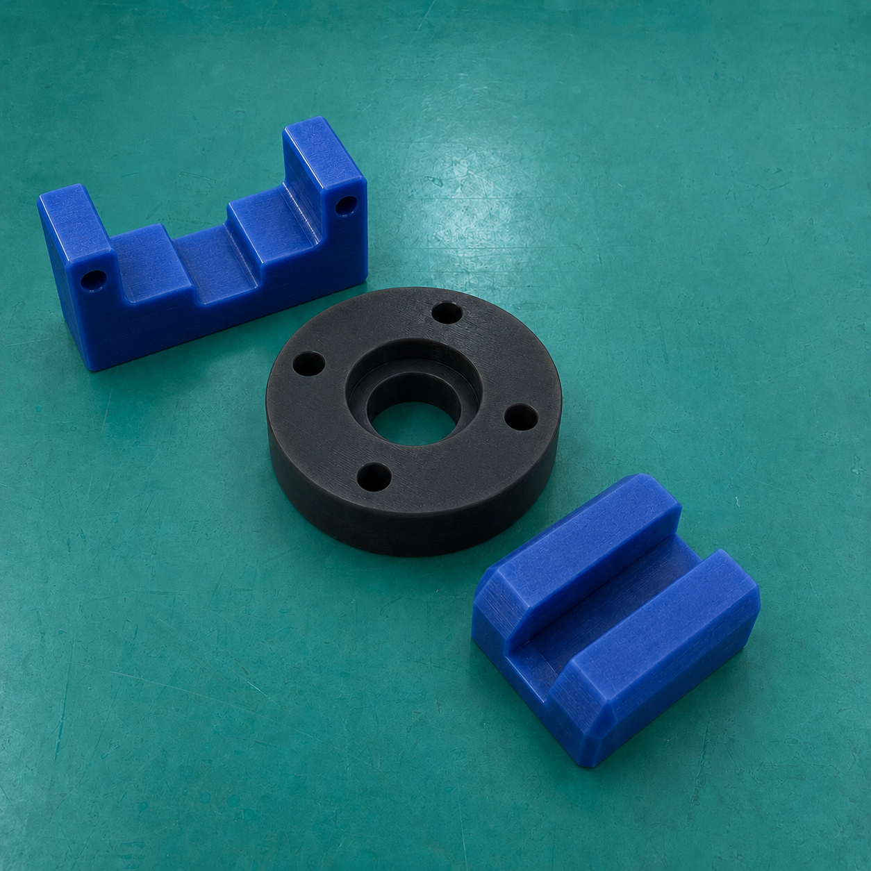 Blue and black nylon parts produced by CNC milling