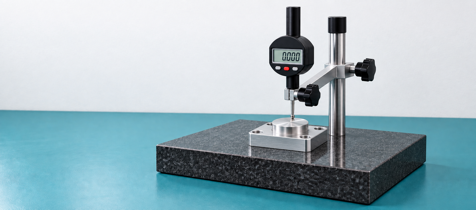 Digital indicator inspecting the raised boss of a CNC-machined aluminum block on a granite surface plate.