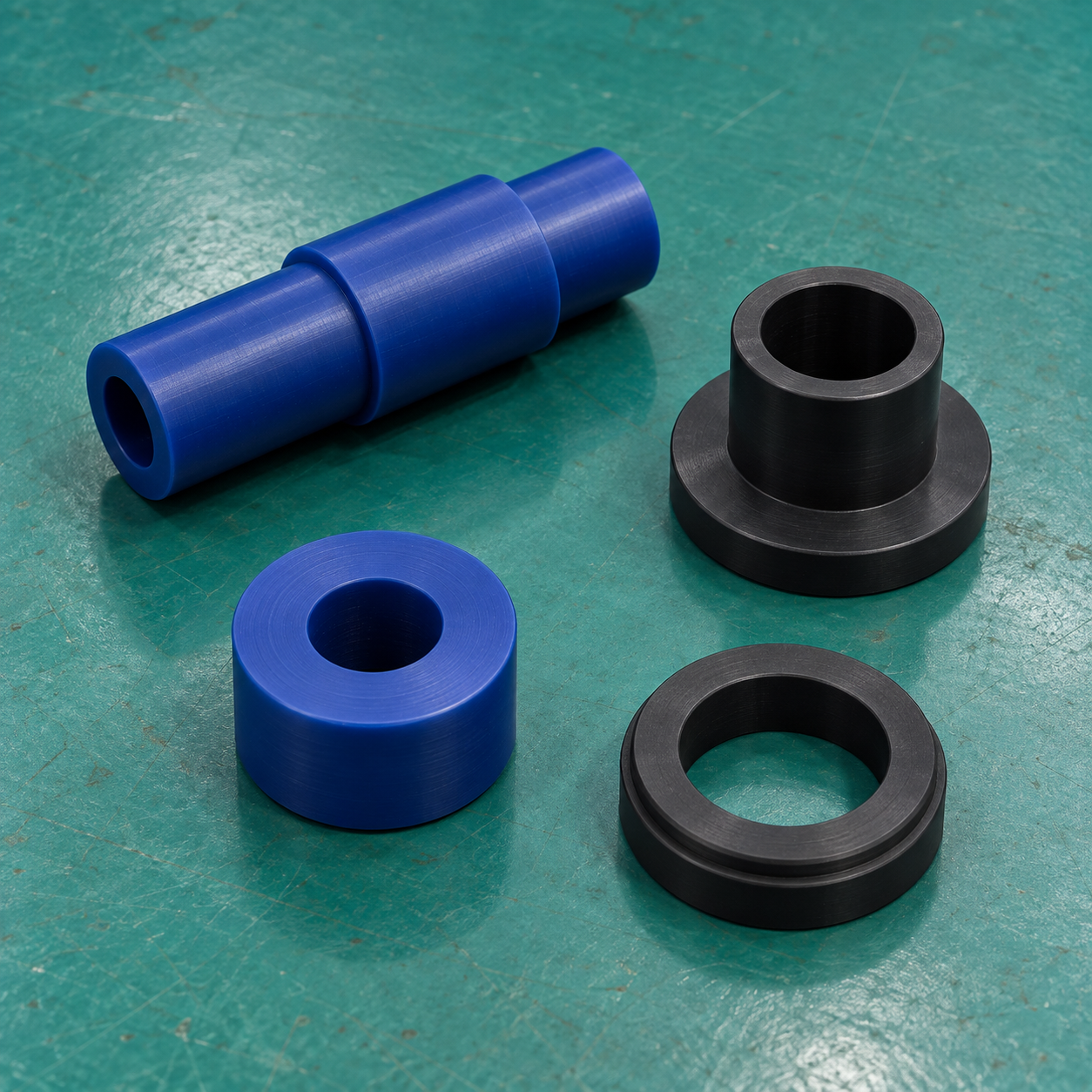 CNC-turned blue PA nylon and black PA6 components