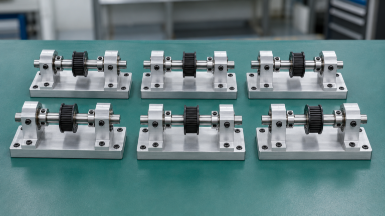 Gia công CNC và lắp ráp cụm cơ khí gồm chi tiết nhôm, trục thép, bạc lót, ổ bi và bu lông theo bản vẽ